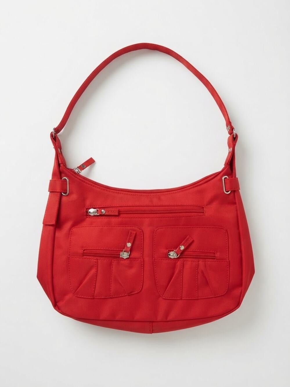 Y2K Vintage Red poleyester Utility Hobo Shoulder Bag Multi Pocket Cargo Purse OS